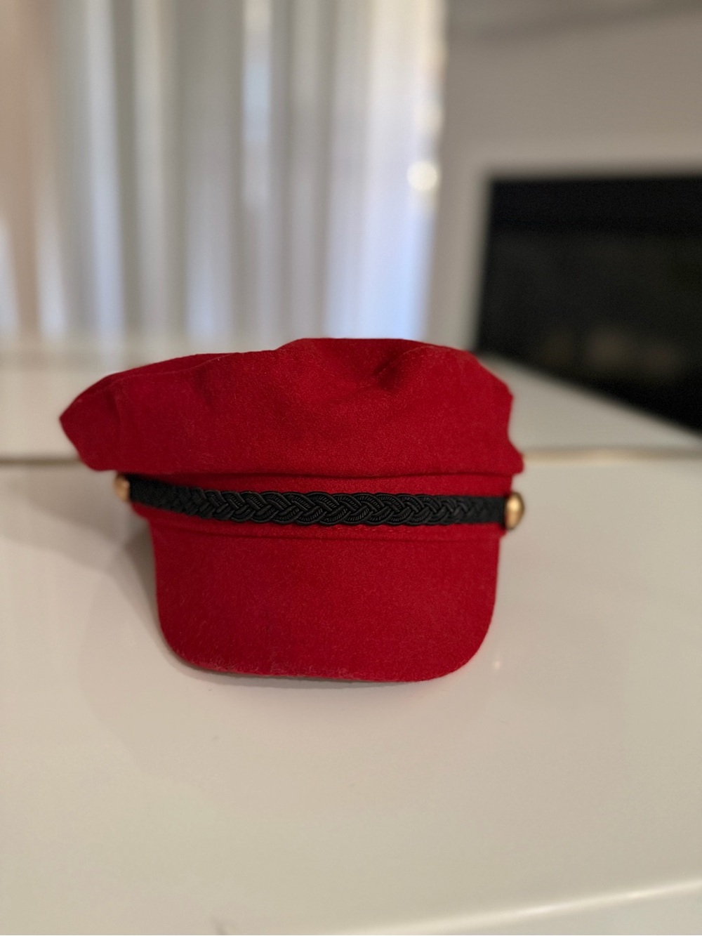 Zara Red Captain-Style Hat with Black Braid